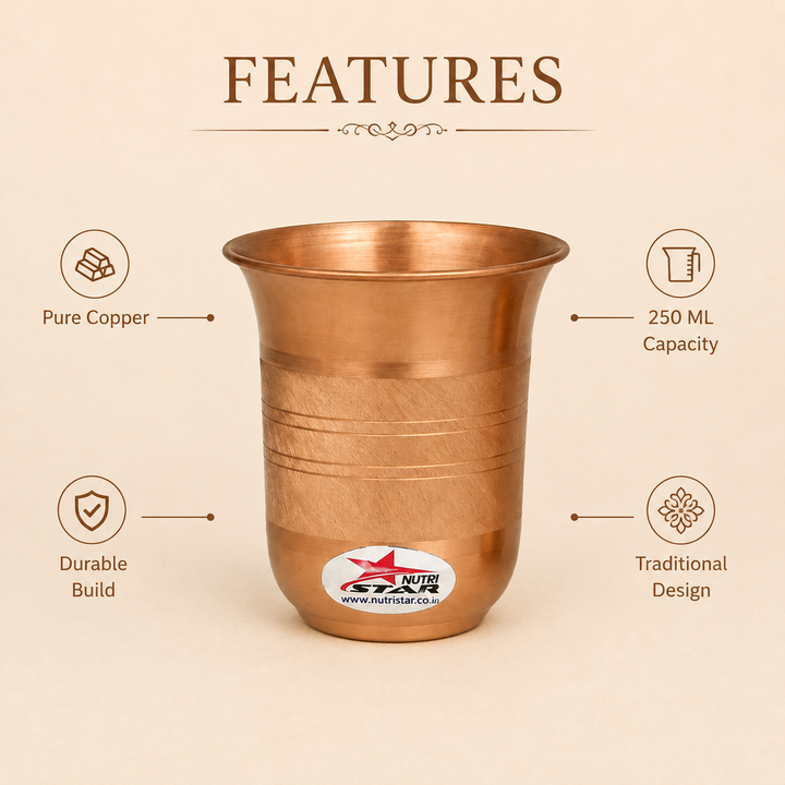 Pure copper drinking glass with textured band durable build and 250 ml capacity