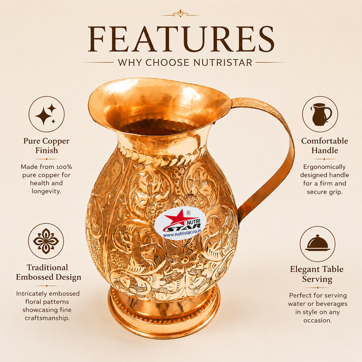 Nutristar embossed pure copper serving jug with curved handle