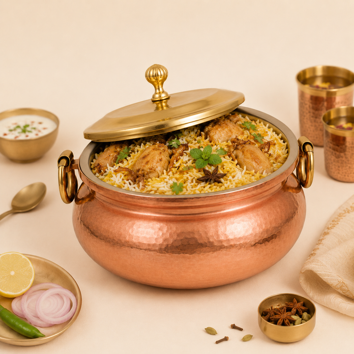 Nutristar hammered copper handi with brass lid and side handles