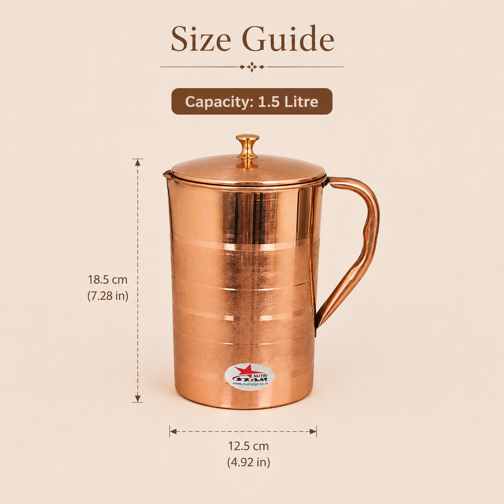 Nutristar pure copper water jug with lid and six matching drinking glasses 7 piece set