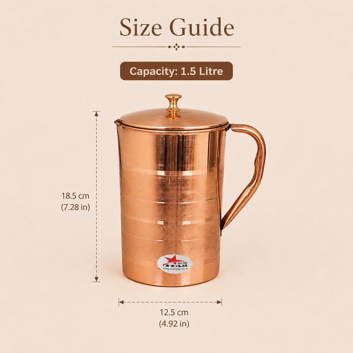 Nutristar pure copper water jug with lid and six matching drinking glasses 7 piece set