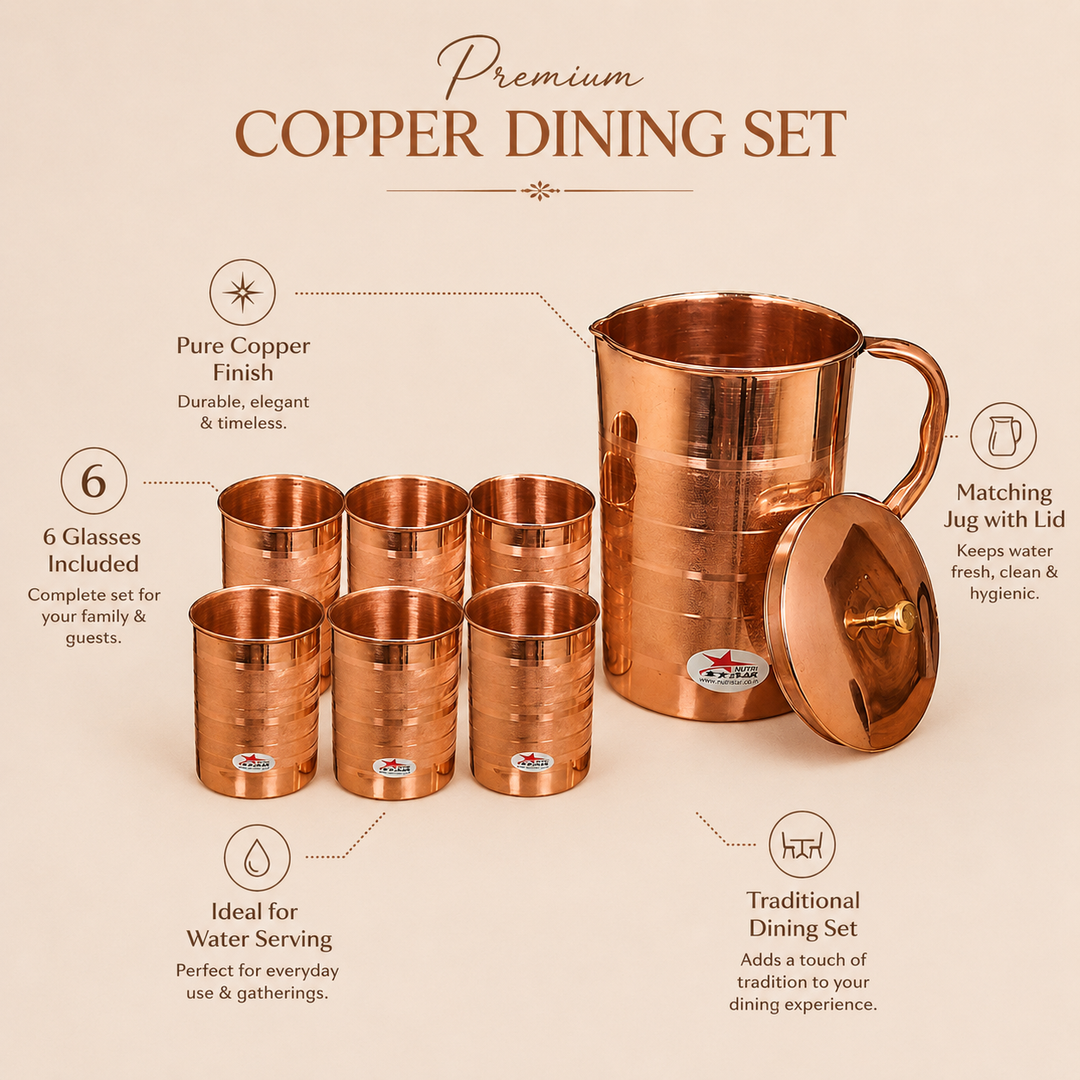 Nutristar pure copper water jug with lid and six matching drinking glasses 7 piece set