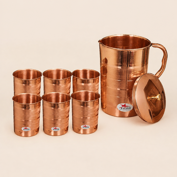 Nutristar pure copper water jug with lid and six matching drinking glasses 7 piece set