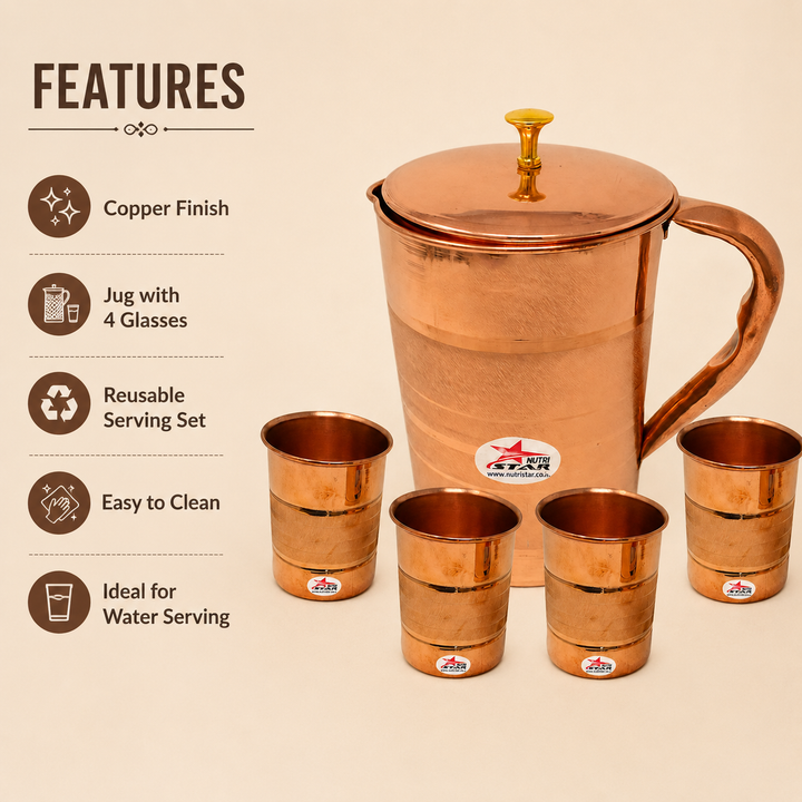 Nutristar copper water jug with lid and four matching drinking glasses