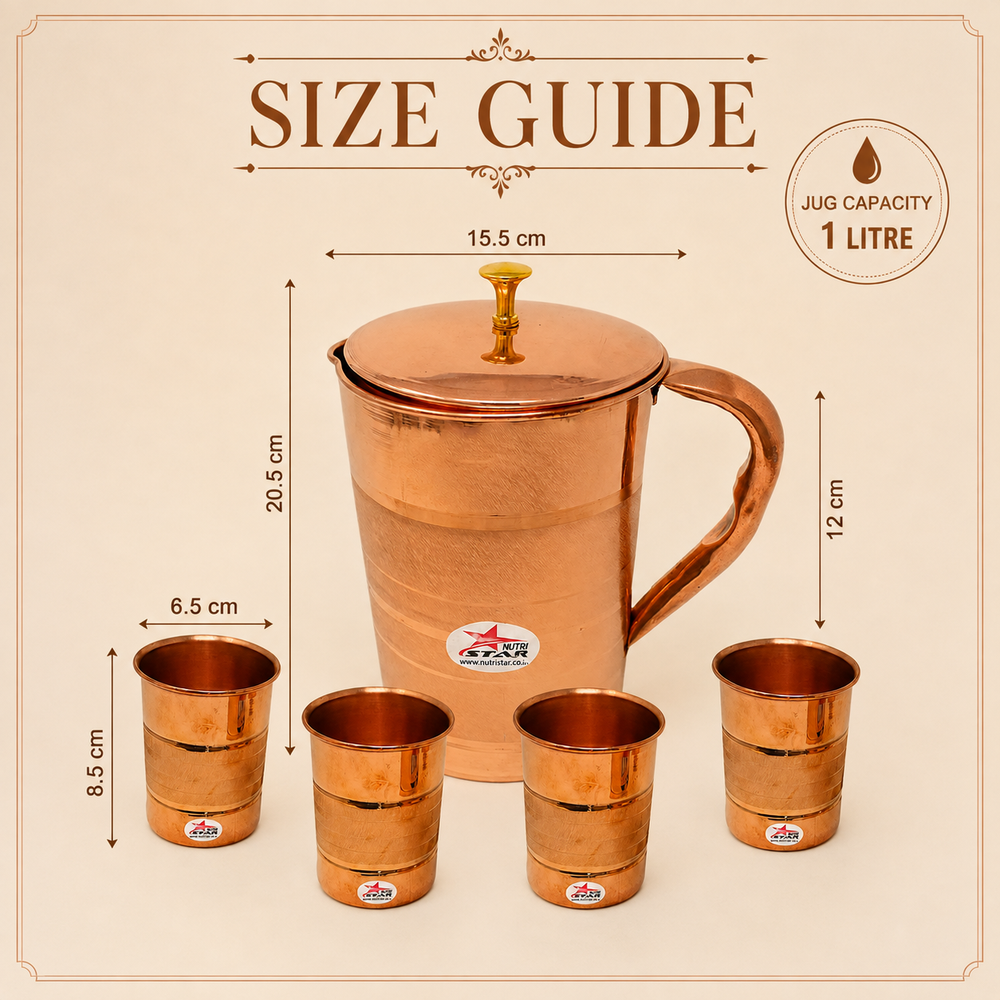 Nutristar copper water jug with lid and four matching drinking glasses