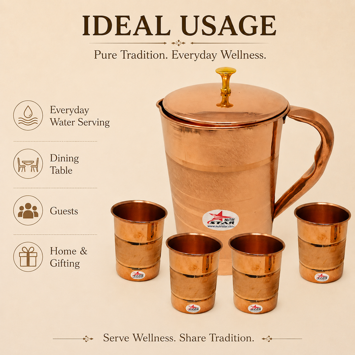 Nutristar copper water jug with lid and four matching drinking glasses