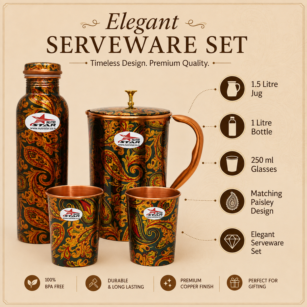 Nutristar designer printed copper bottle jug and two glass drinkware set