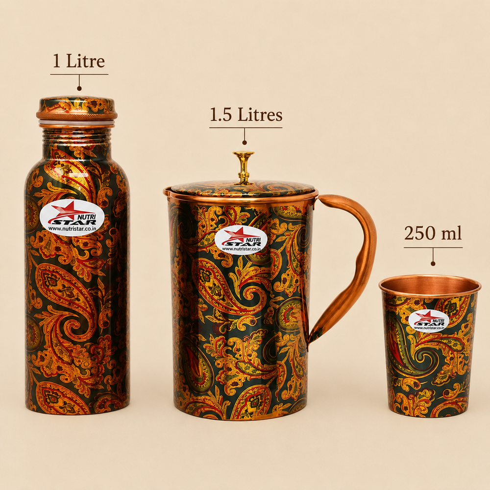 Nutristar designer printed copper bottle jug and two glass drinkware set