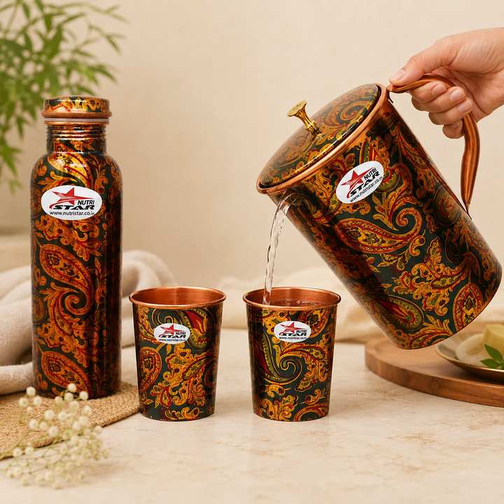 Nutristar designer printed copper bottle jug and two glass drinkware set