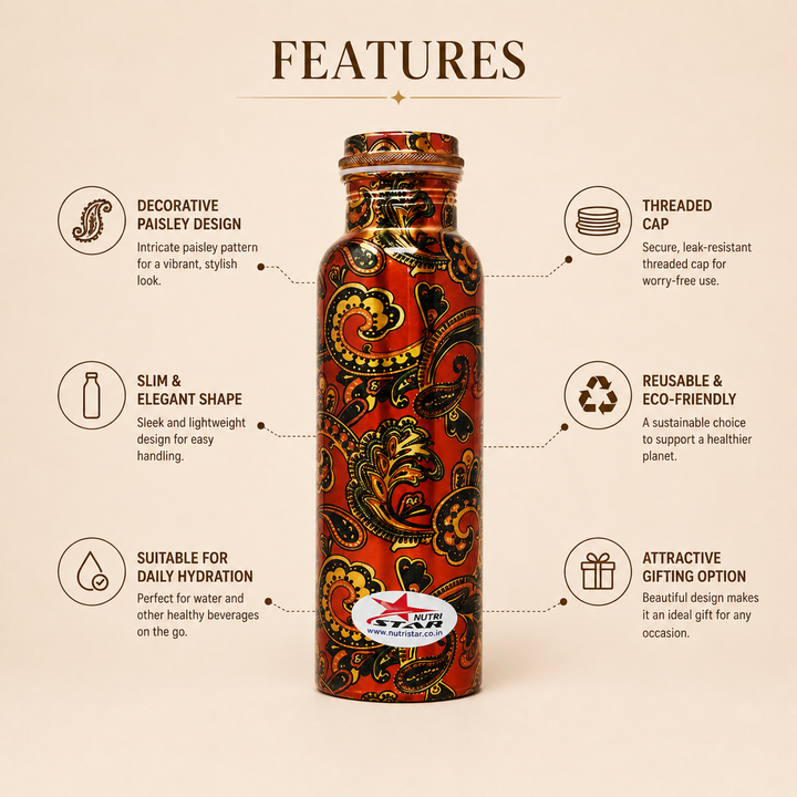 Nutristar designer printed copper water bottle with paisley pattern
