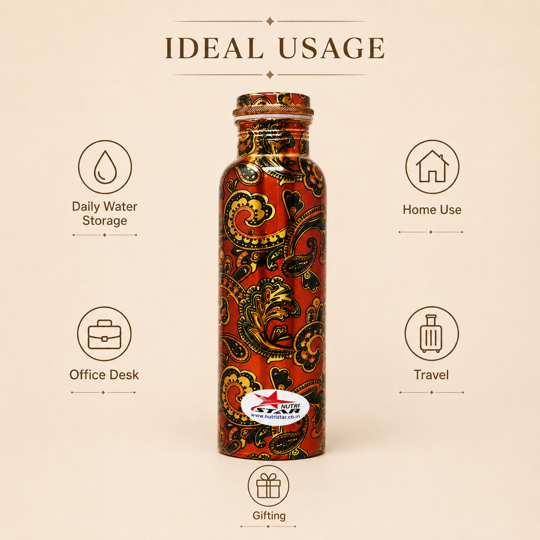 Nutristar designer printed copper water bottle with paisley pattern 