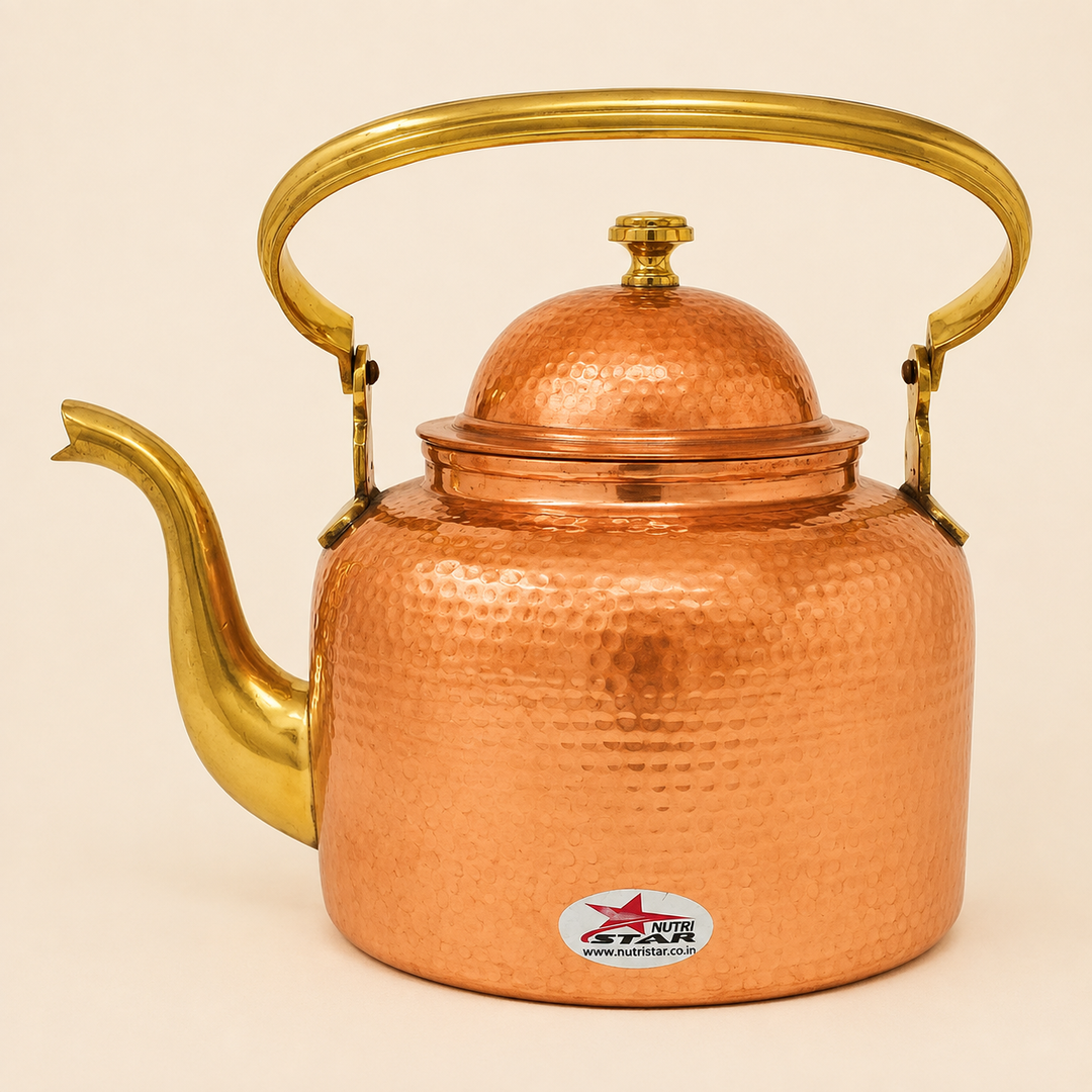 Nutristar hammered copper serving kettle with brass handle curved spout and lid