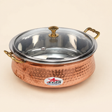 Nutristar copper stainless steel serving handi with glass lid and brass handles