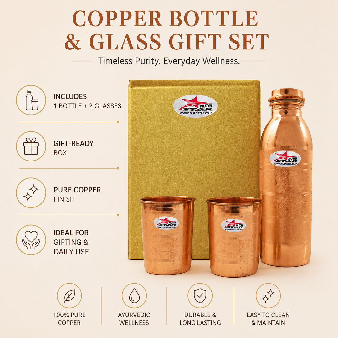 Nutristar pure copper bottle and glass gift set with 1 litre bottle and two 250 ml glasses