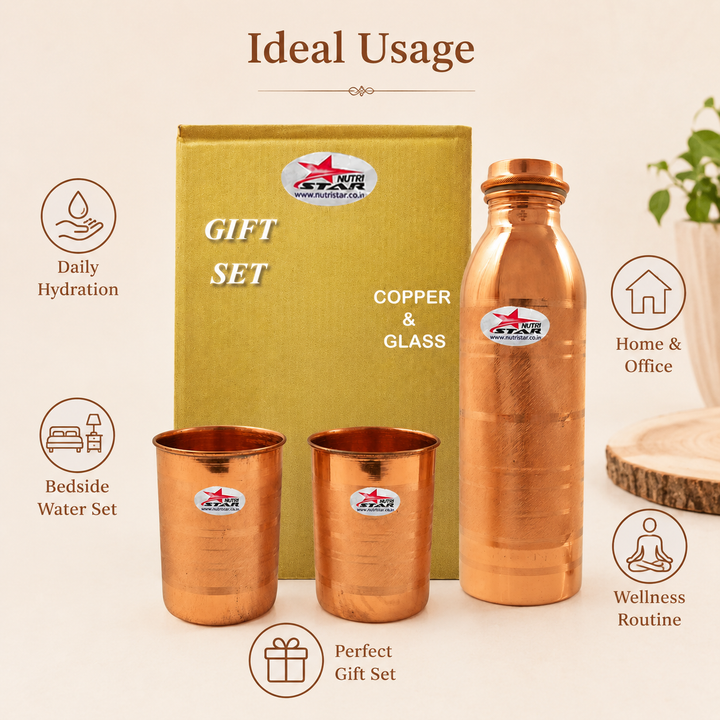 Nutristar pure copper bottle and glass gift set with 1 litre bottle and two 250 ml glasses