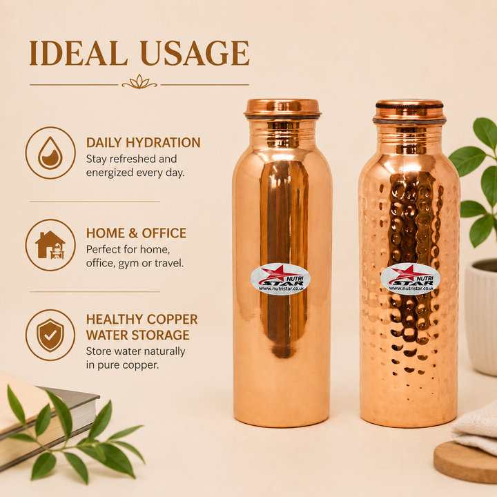 Nutristar pure copper water bottles in plain and hammered finish