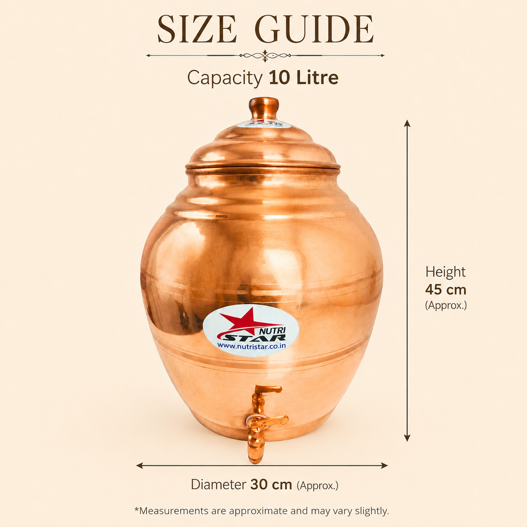 Copper water dispenser matka with fitted lid wide opening and easy-flow tap