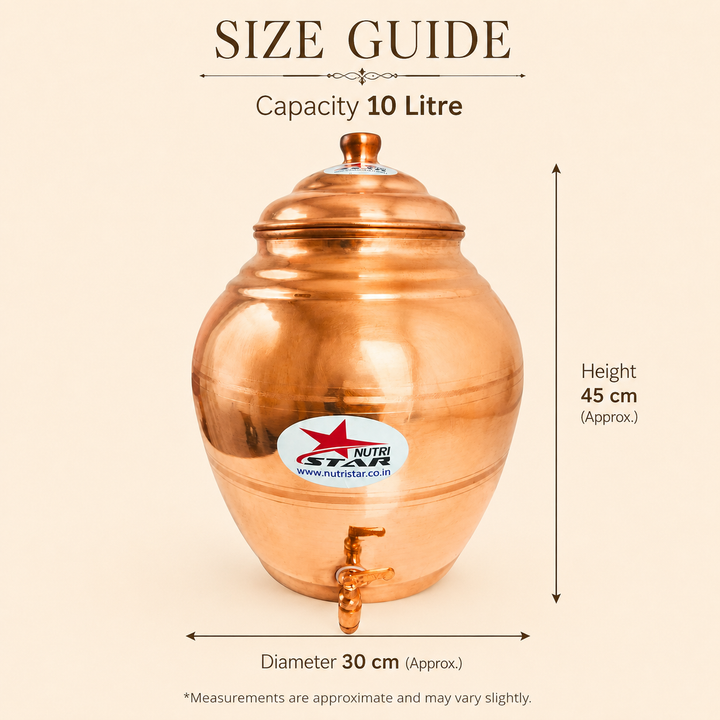 Copper water dispenser matka with fitted lid wide opening and easy-flow tap