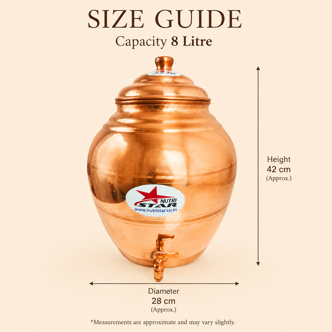 Copper water dispenser matka with fitted lid wide opening and easy-flow tap