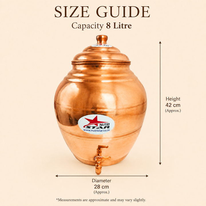 Copper water dispenser matka with fitted lid wide opening and easy-flow tap