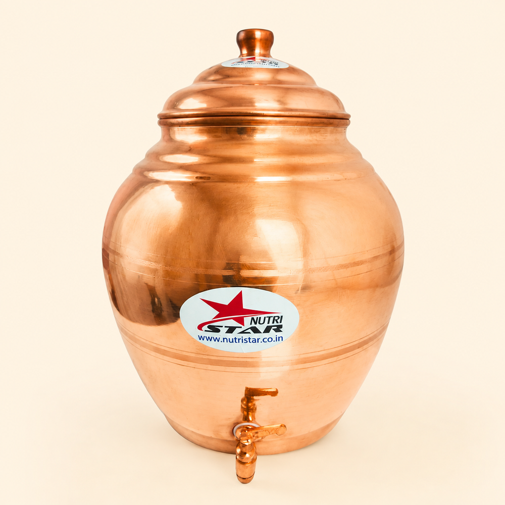 Copper water dispenser matka with fitted lid wide opening and easy-flow tap