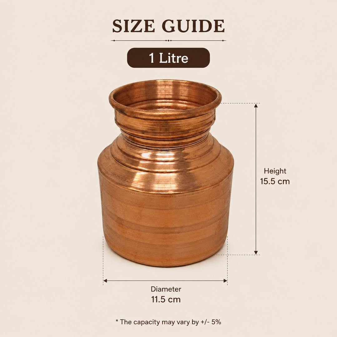 Traditional copper water vessel with wide mouth rolled rim and durable construction