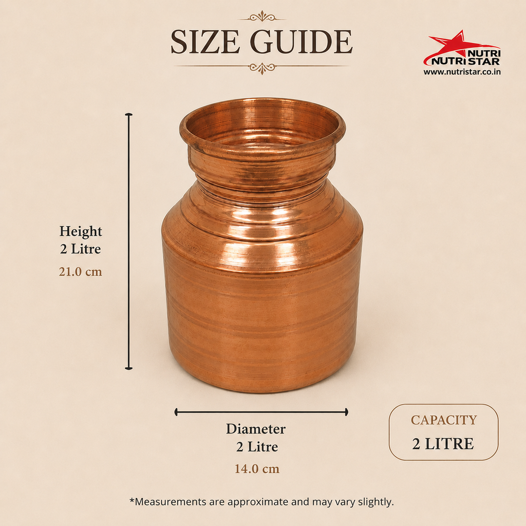 Traditional copper water vessel with wide mouth rolled rim and durable construction