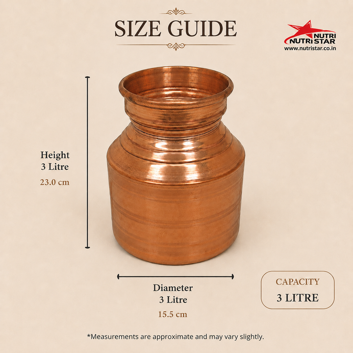 Traditional copper water vessel with wide mouth rolled rim and durable construction
