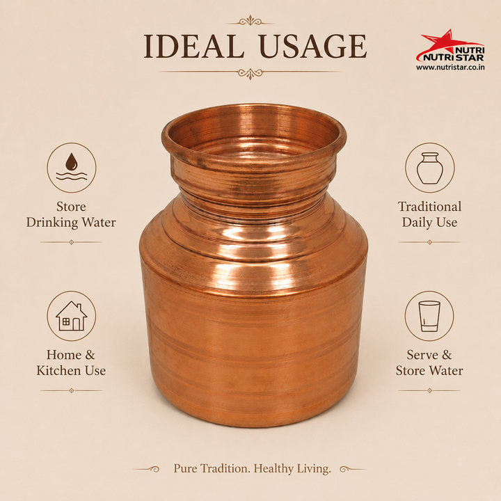 Traditional copper water vessel with wide mouth rolled rim and durable construction
