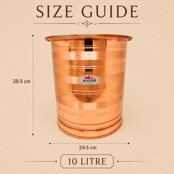 Copper water storage vessel with wide opening and lid durable base and polished finish