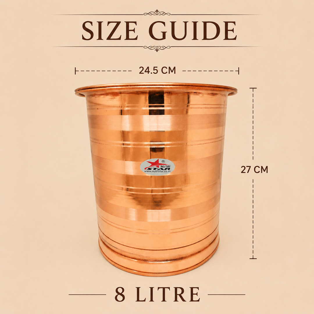 Copper water storage vessel with wide opening and lid durable base and polished finish