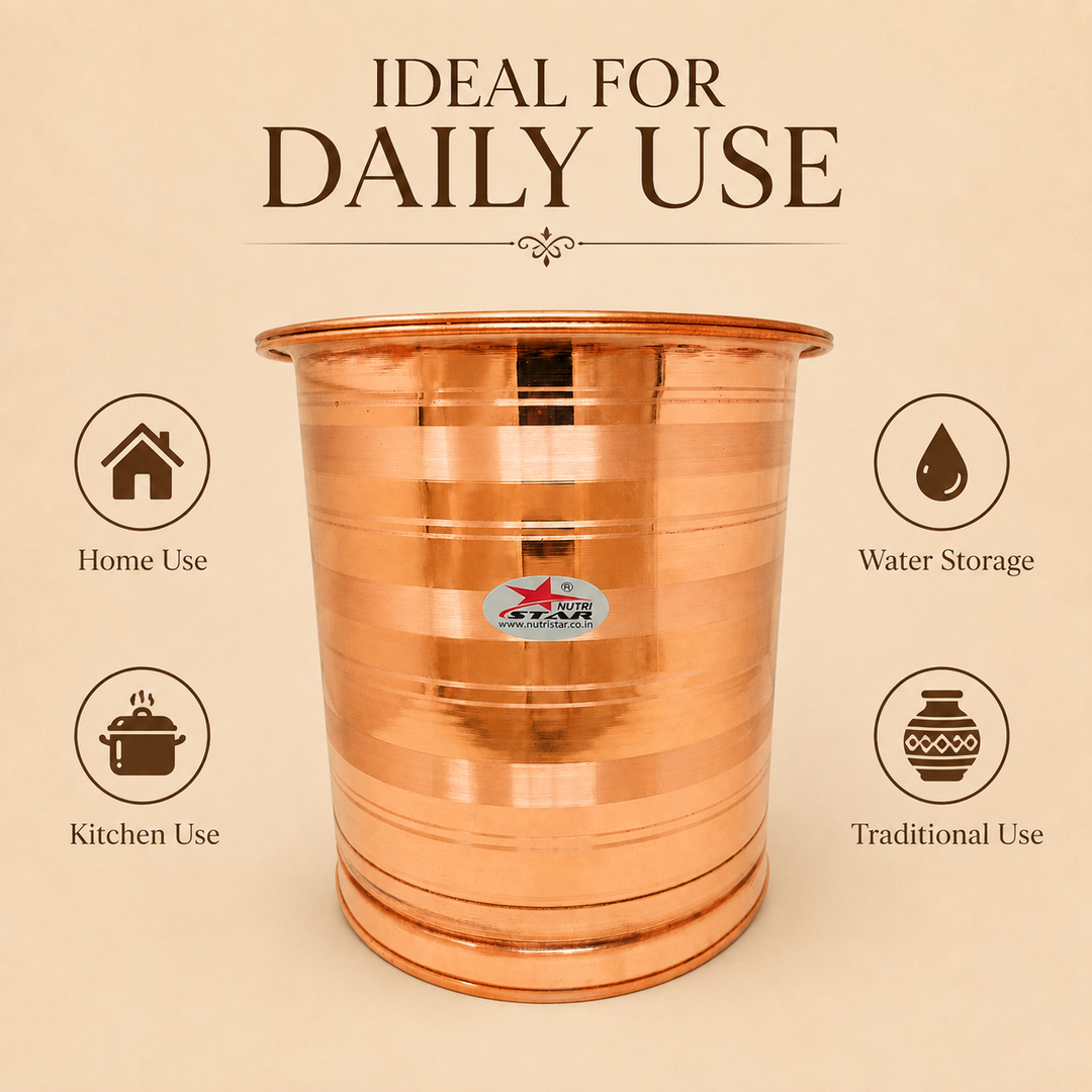 Copper water storage vessel with wide opening and lid durable base and polished finish