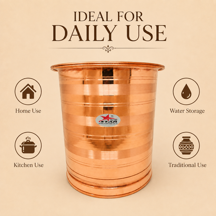 Copper water storage vessel with wide opening and lid durable base and polished finish
