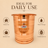 Copper water storage vessel with wide opening and lid durable base and polished finish