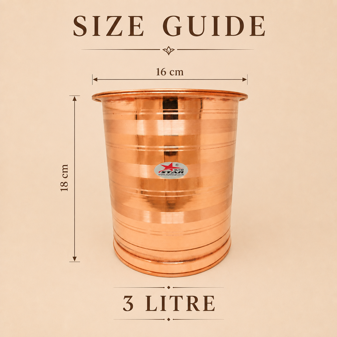 Copper water storage vessel with wide opening and lid durable base and polished finish