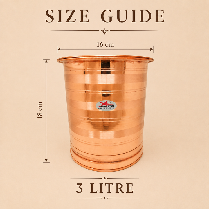 Copper water storage vessel with wide opening and lid durable base and polished finish