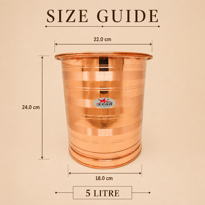 Copper water storage vessel with wide opening and lid durable base and polished finish