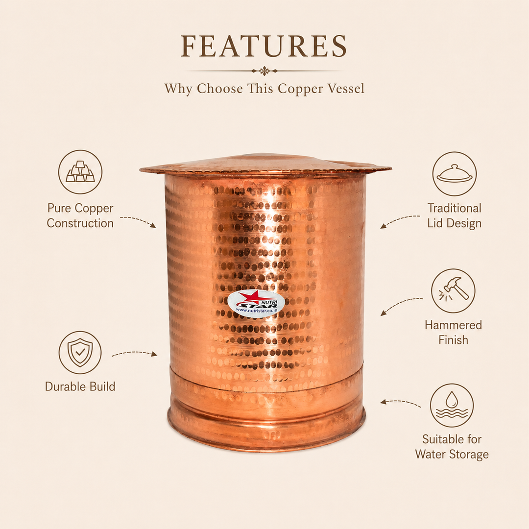 Nutristar hammered pure copper water storage vessel with traditional lid