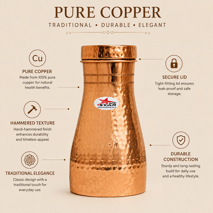 Hammered copper water carafe with fitted lid tapered body and durable construction