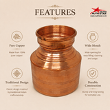 Traditional copper water vessel with wide mouth rolled rim and durable construction