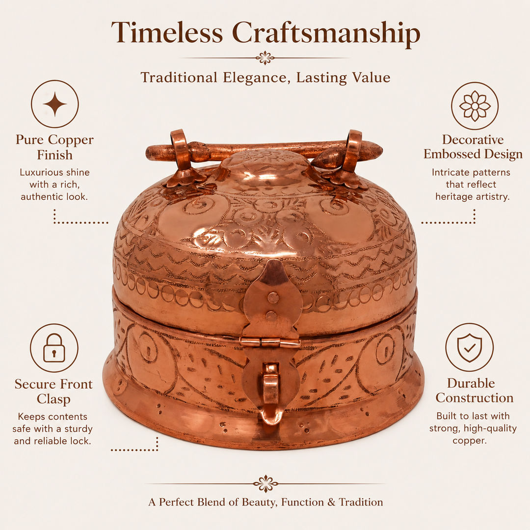 Embossed copper masala box with lid handle secure clasp and traditional design