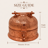Embossed copper masala box with lid handle secure clasp and traditional design