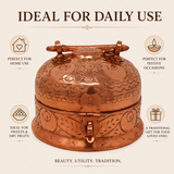 Embossed copper masala box with lid handle secure clasp and traditional design