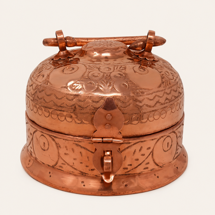 Embossed copper masala box with lid handle secure clasp and traditional design
