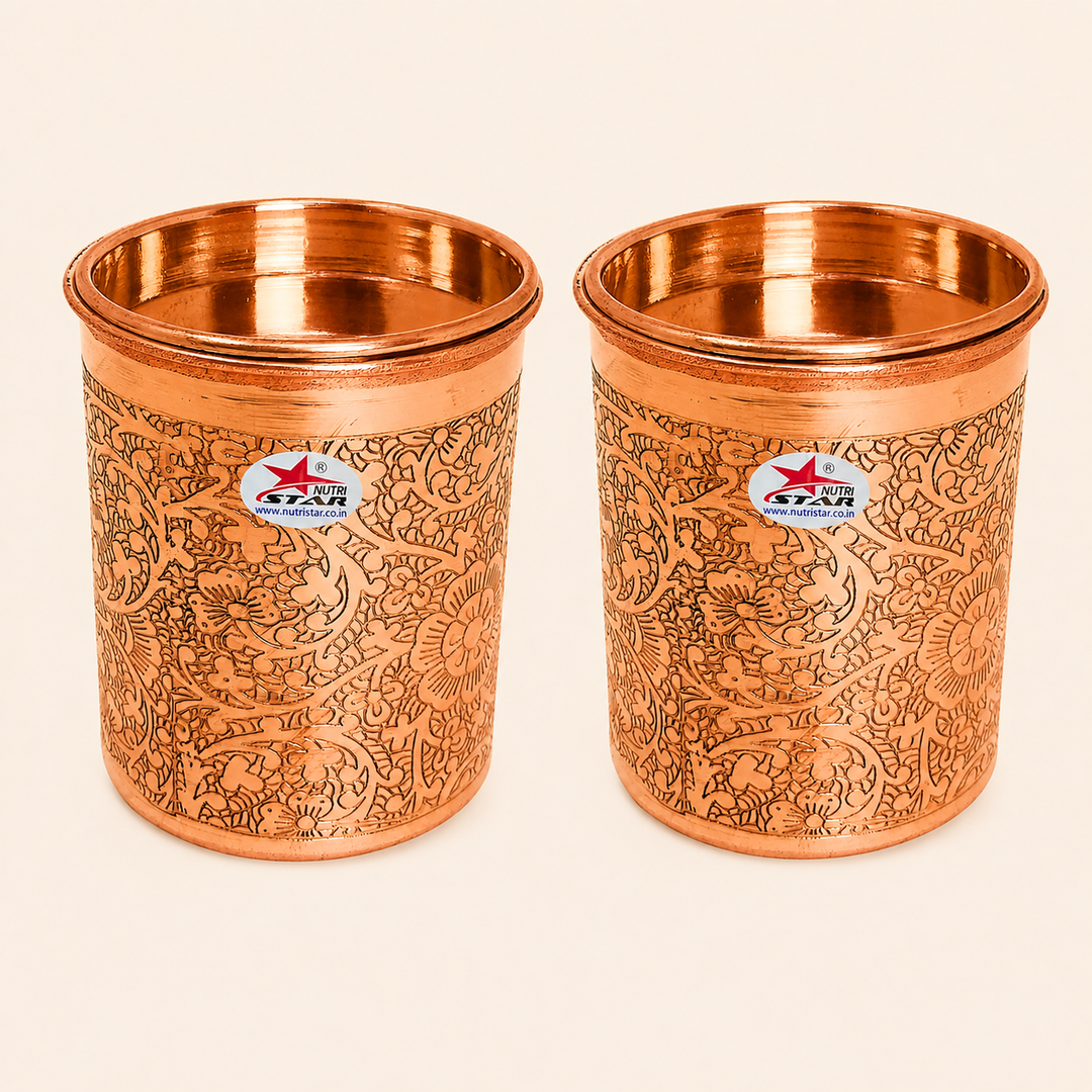 Nutristar engraved copper drinking glass with lid and floral design