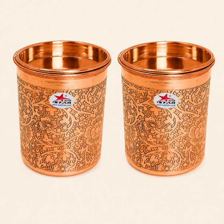 Nutristar engraved copper drinking glass with lid and floral design