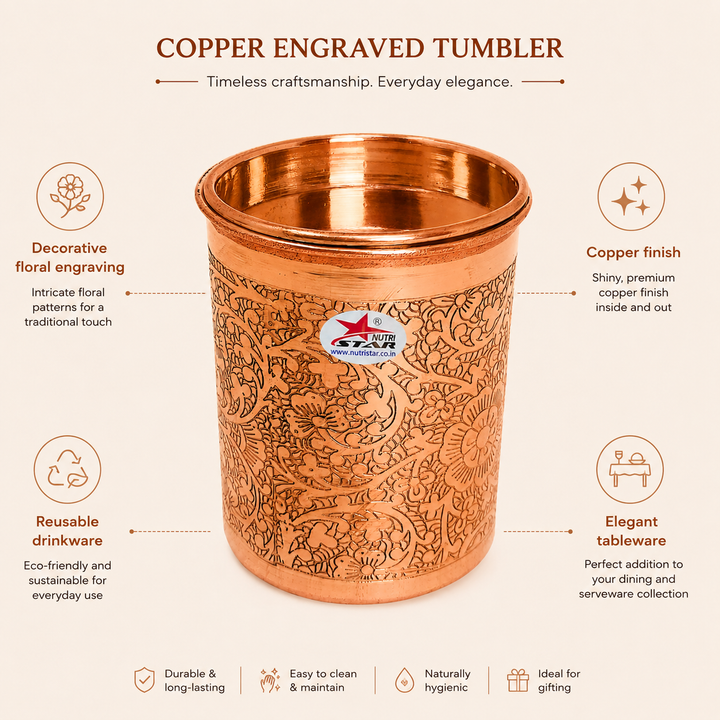 Nutristar engraved copper drinking glass with lid and floral design