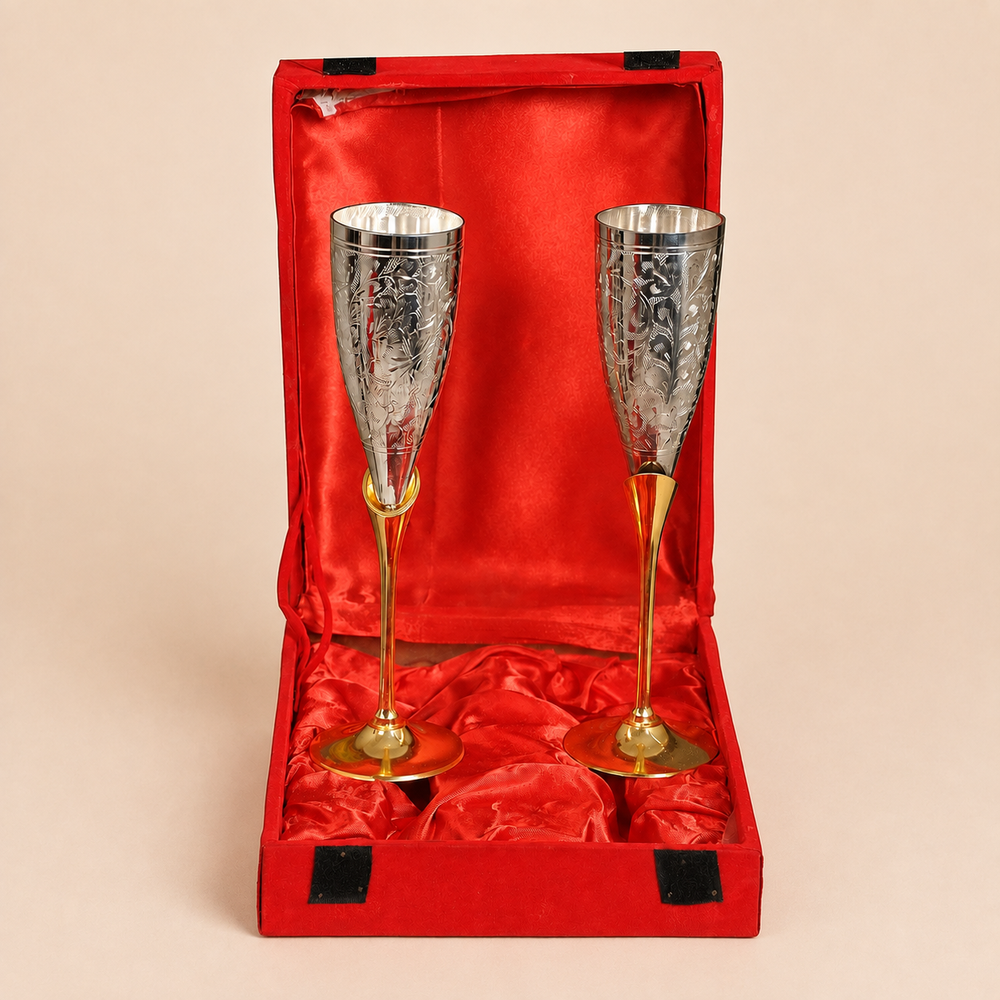 Nutristar decorative goblet glass set of 2 with engraved silver-tone cups, gold-tone stems and red gift box