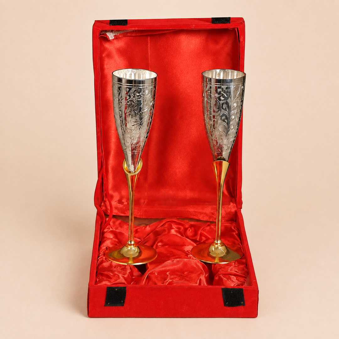 Nutristar decorative goblet glass set of 2 with engraved silver-tone cups, gold-tone stems and red gift box