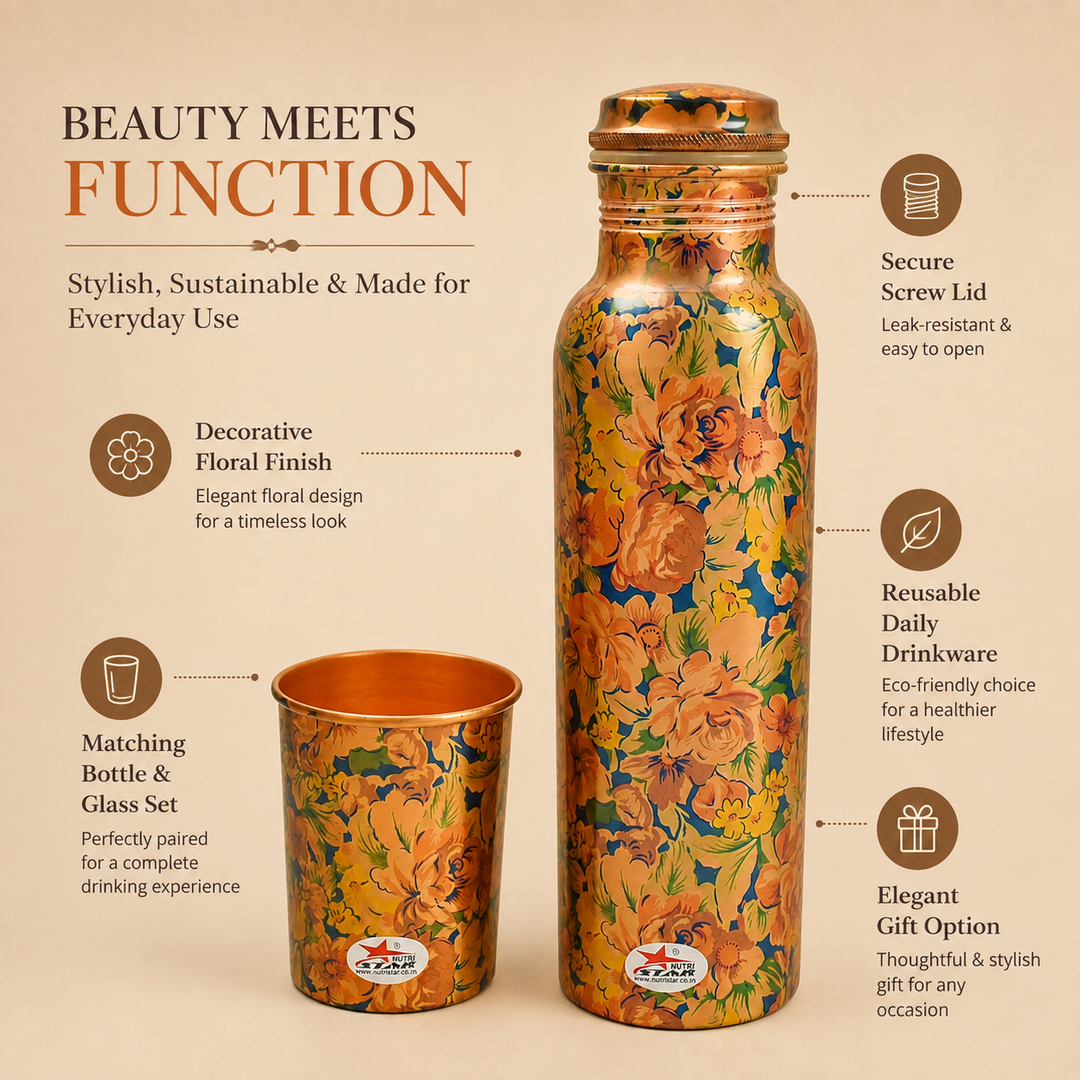 Nutristar designer floral copper water bottle and matching drinking glass set
